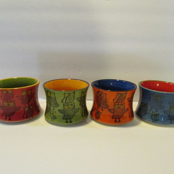 set of 4 stacking colorful owl mugs Pier 1 coffee cups - Picture 5 of 9